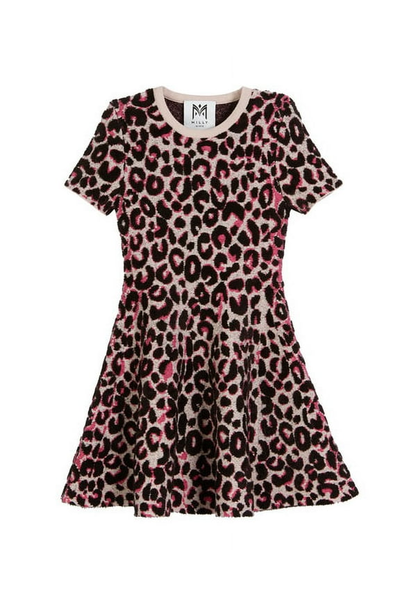 Girls Textured Cheetah Flare Dress, Pink/Multicolor, Size 6/7