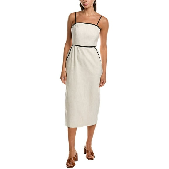 Milly womens  Amara Contrast Linen-Blend Midi Dress, 10, Beige