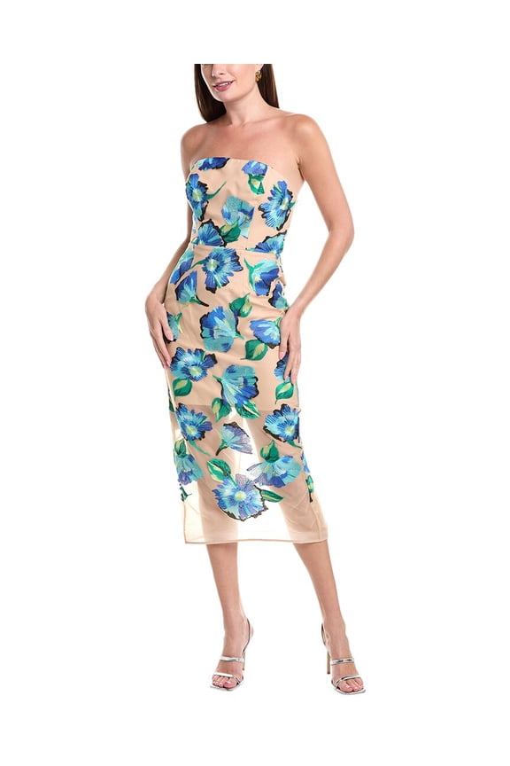 Milly womens Embroidered Mesh Midi Dress, 0, Beige