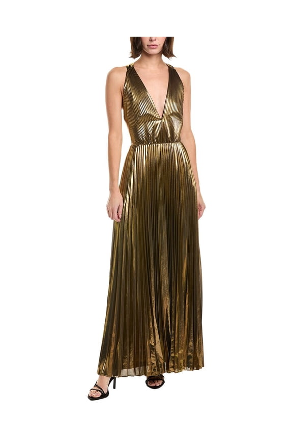 Milly womens Oria Pleated Lame Maxi Dress, 8, Gold