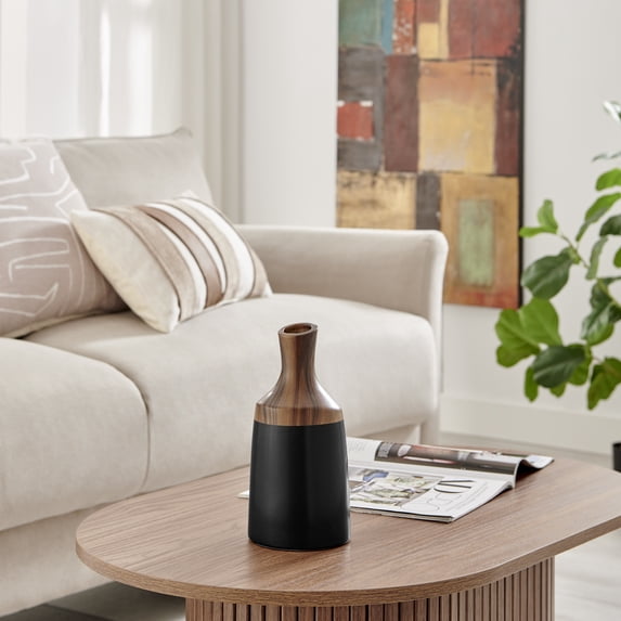 Milo Kande Carafe Modern Two Tone Tabletop Vase - Black and Walnut - Small