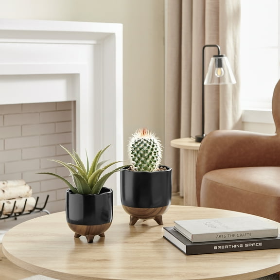 Milo Modern Mortar Two Tone Flower Pot Planter Cachepot Set of 2 Sizes - Black and Walnut