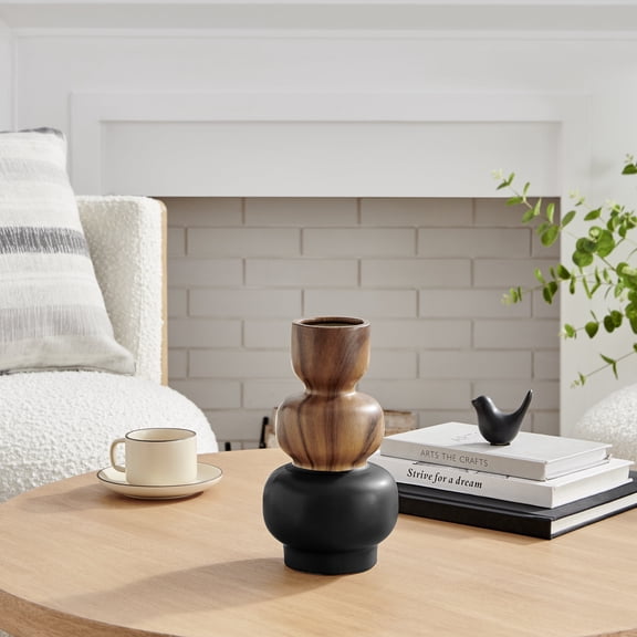 Milo Trinnet Three Tiered Stack Modern Two Tone Tabletop Vase - Black and Walnut - Small