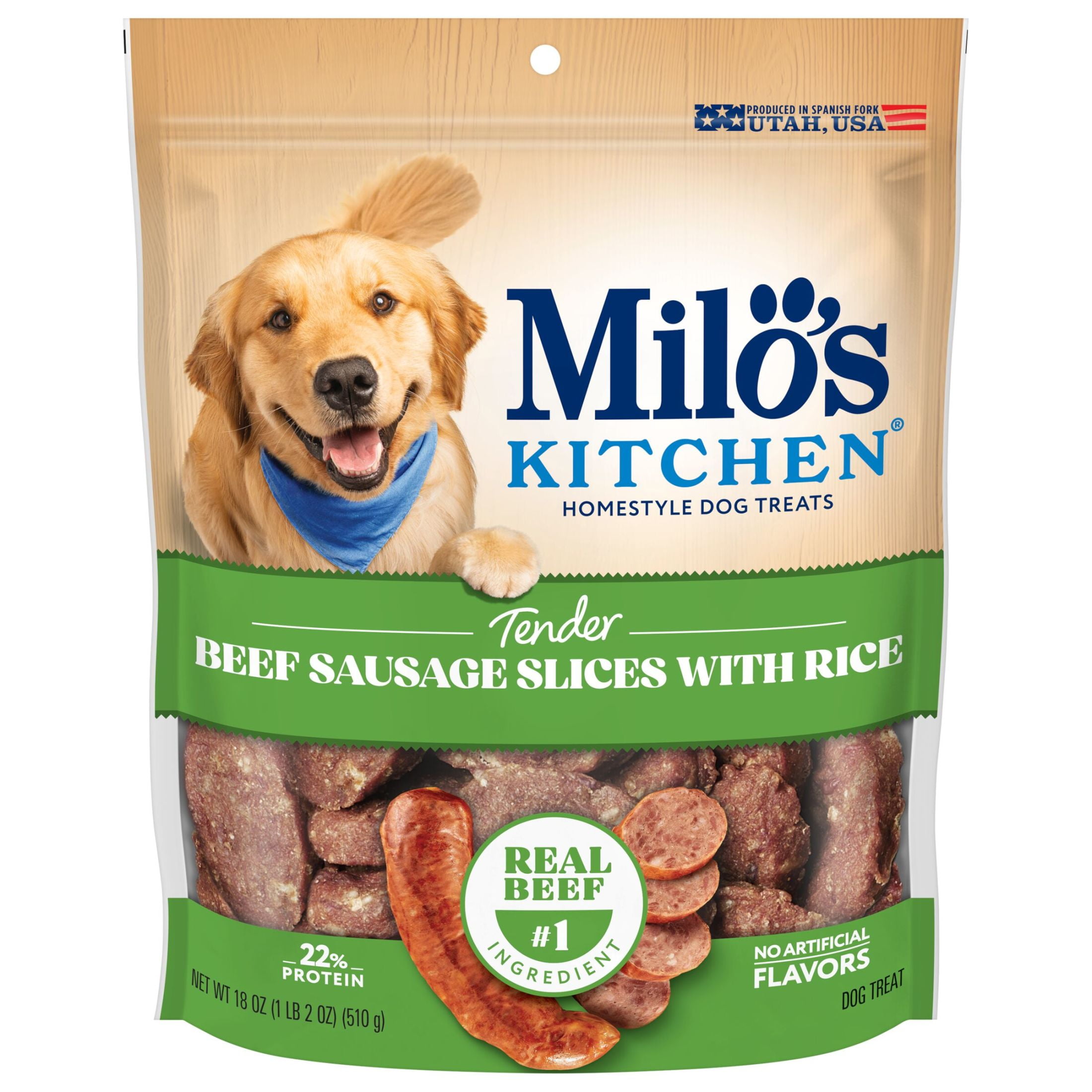 Milo’s Kitchen Beef Sausage Slices With Rice Dog Treats, 18 oz Bag