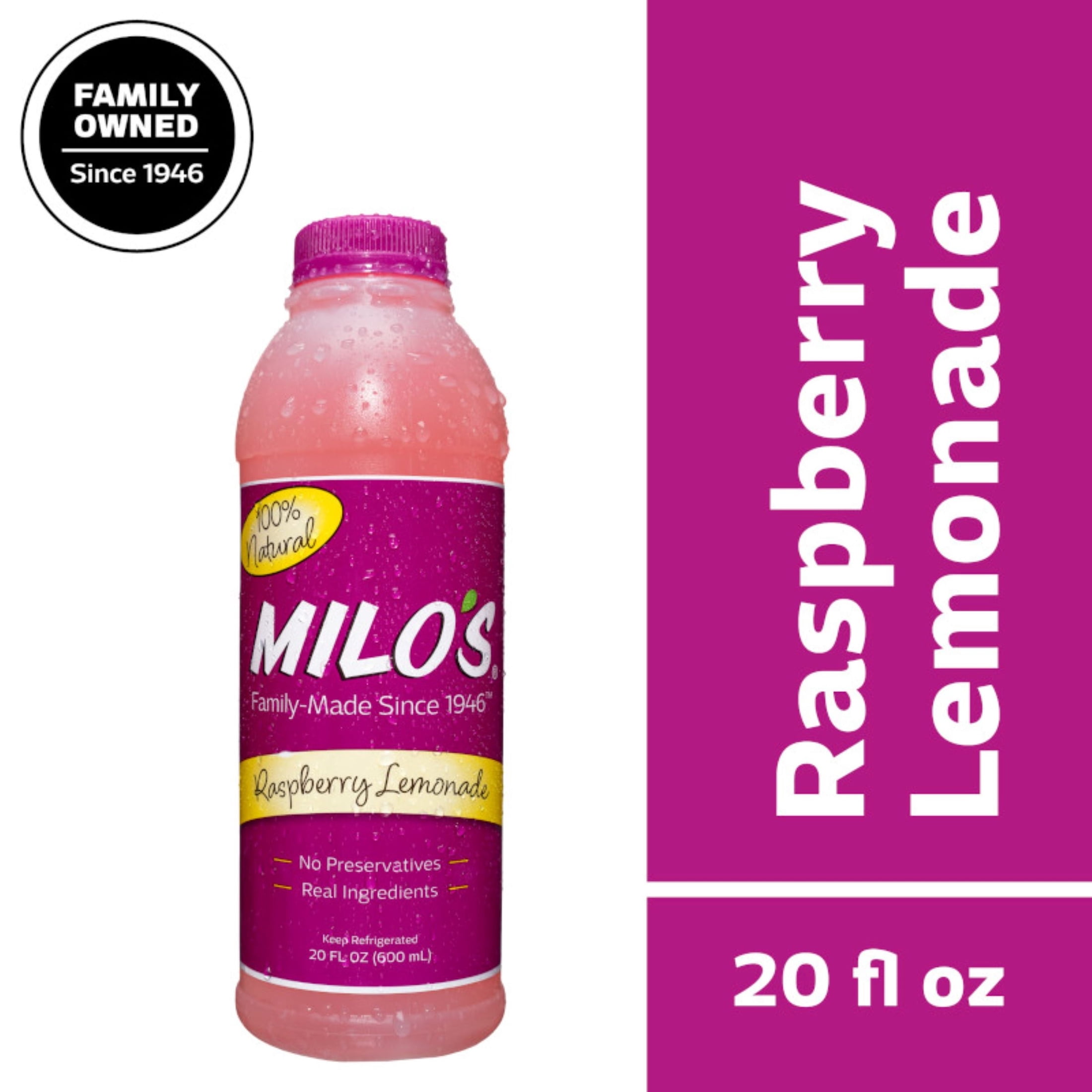 Milo's Raspberry Lemonade, Refrigerated Juice Drink, 20 fl oz Bottle, 100% Natural, No Preservatives, Made Fresh Daily