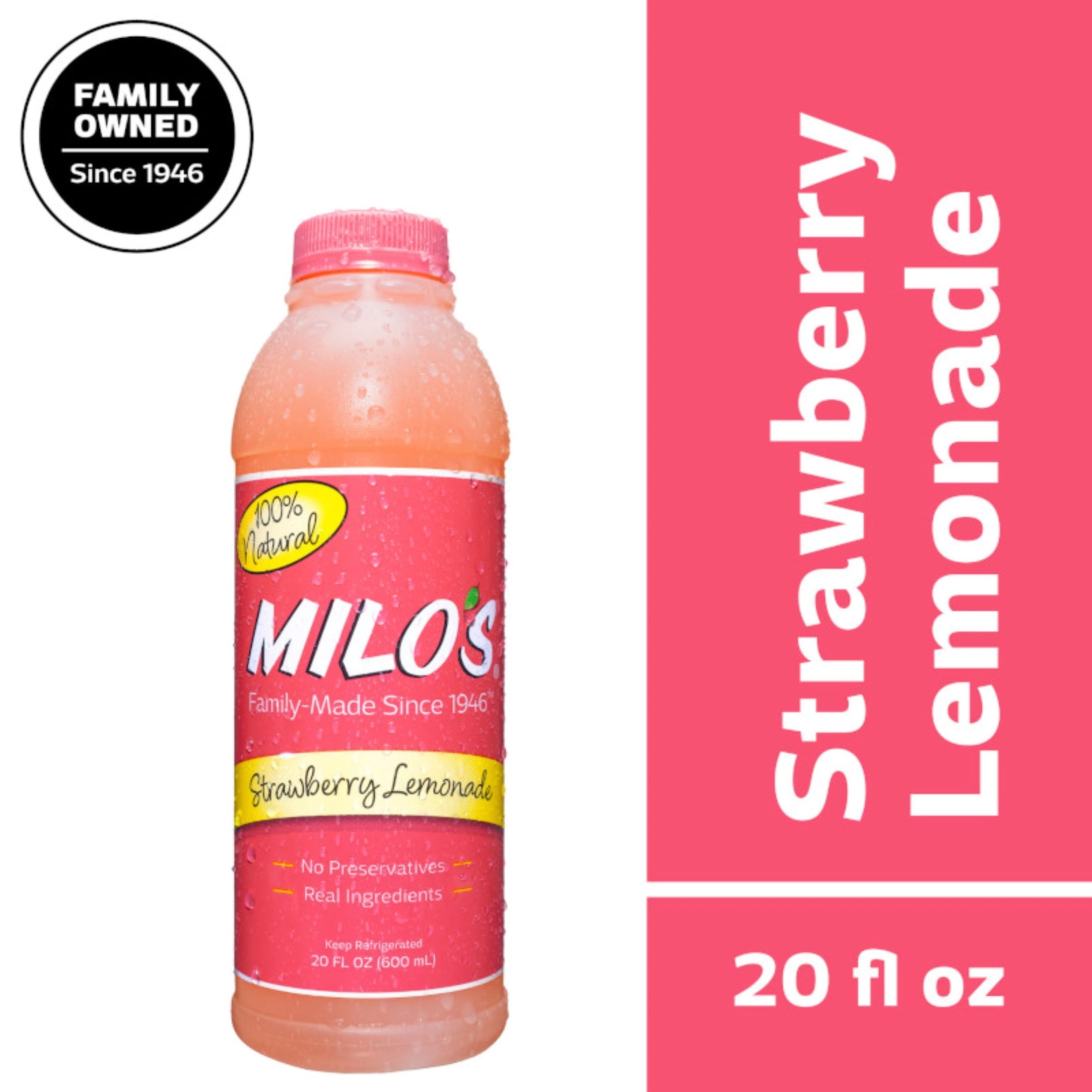 Milo's Strawberry Lemonade, Refrigerated Juice Drink, 20 fl oz Bottle, 100% Natural, No Preservatives, Made Fresh Daily