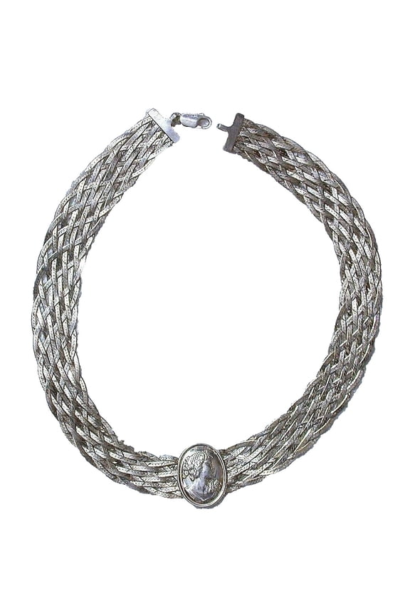 Milor Choker Cameo Sterling Italian Herringbone Weave 15 1/2 Inch Necklace SC41