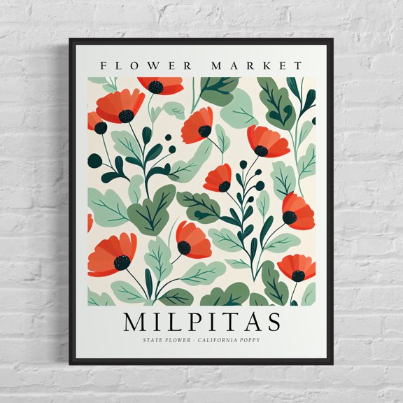 Milpitas California Flower Market Art Print, California Poppy Botanical Pastel Artwork