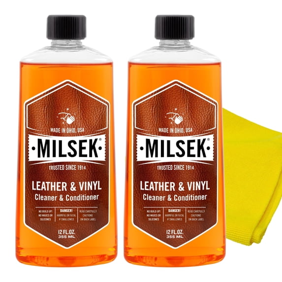 Milsek Leather & Vinyl Cleaner & Conditioner, 12-Ounce, 2 bottles with Microfiber Towel
