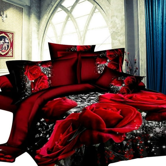 Milsleep Comforter Cover Set Fashionable Red Rose Painting Microfiber Duvet Cover Set,King (90"x104")