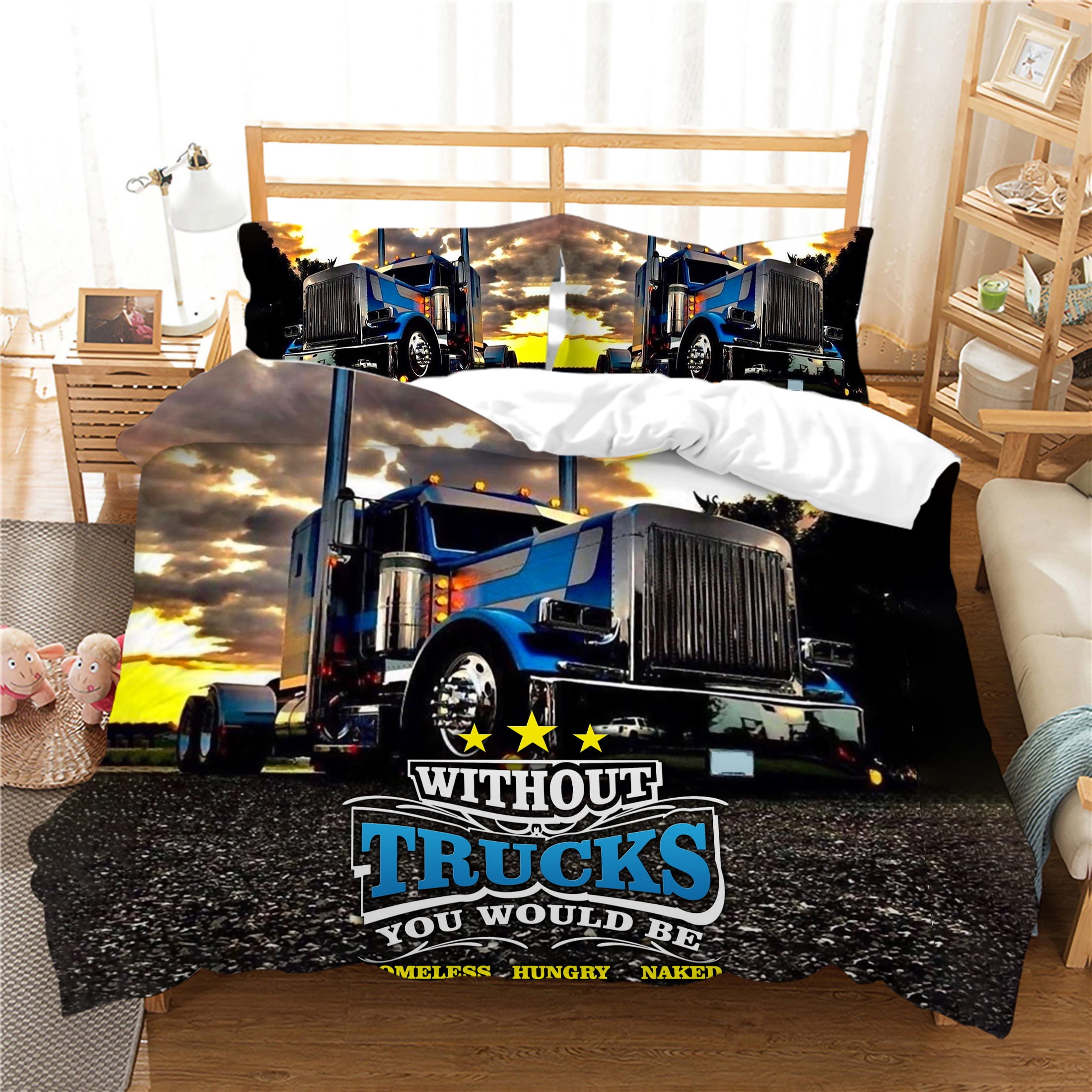 Milsleep Truck Printed Bedding Cover Set with Pillowcase Boy Man Duvet Cover Sets Home Textiles,Queen (90"x90")