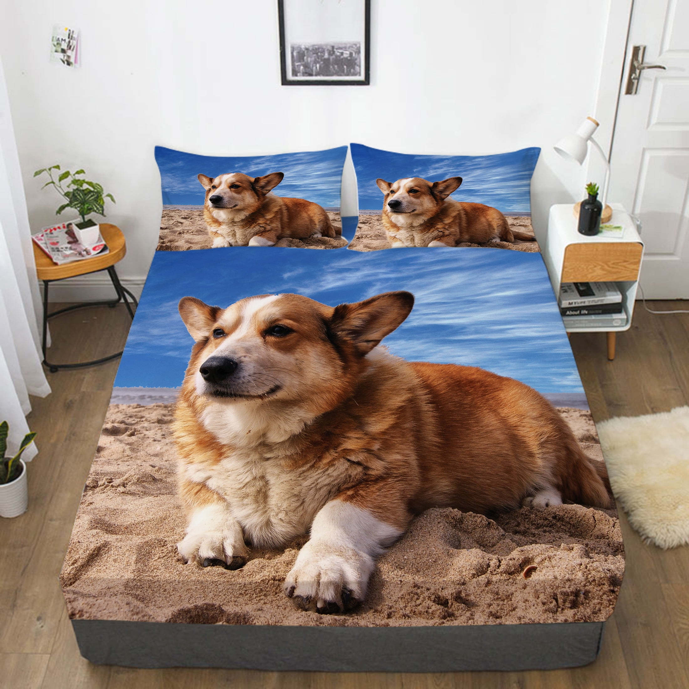 Corgi print bed sheets top