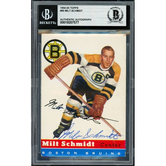 Milt Schmidt Autographed 1954-55 Topps Card #60 Boston Bruins Beckett BAS #19207577
