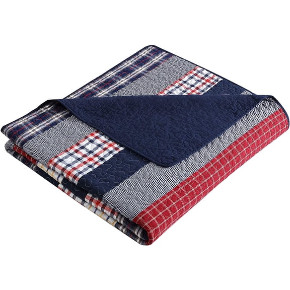 Milton 1-Piece Plaid Checkered Patchwork Striped Quilted 100% Washed Cotton Reversible Throw Blanket$$Home Decor, Kitchen, & Other