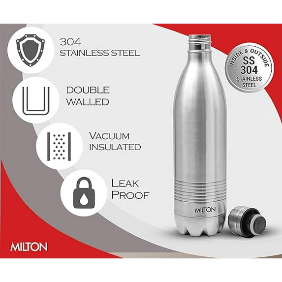 Milton Duo DLX 1000 Thermosteel 24 Hours Hot and Cold Water Bottle, 1 Litre, Silver