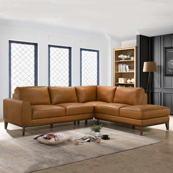 Milton Modern Living Room Top Leather Corner Sectional Sofa in Cognac Tan