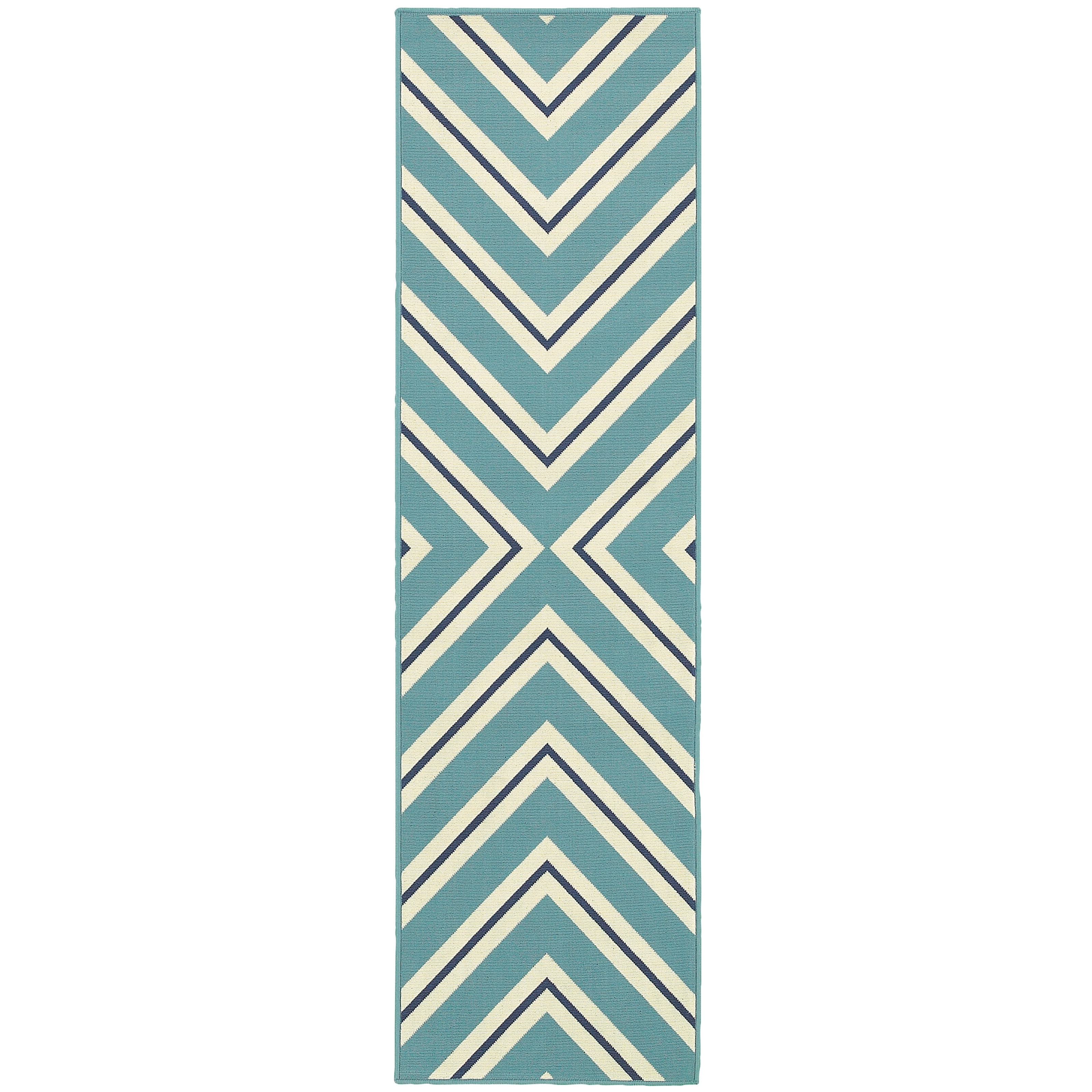Milton Outdoor Geometric Runner Rug, Blue/ Navy, 2' x 8'