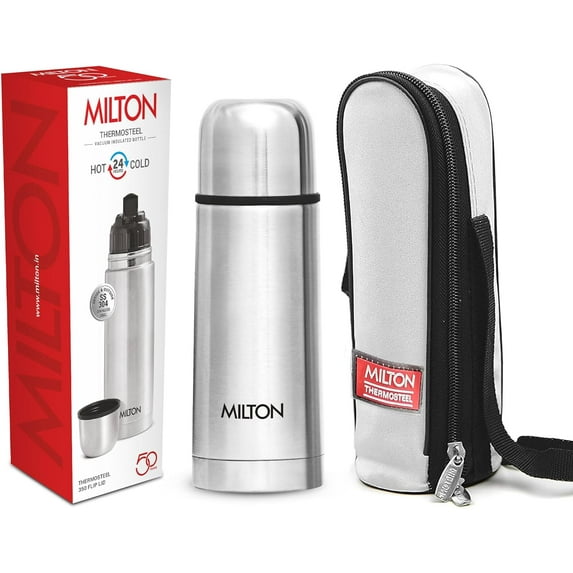 Milton Thermosteel Flip Lid Flask 350, Double Walled Vacuum Insulated 350 ml | 12 oz | 24 Hours Hot and Cold Water Bottle with Cover, 18/8 Stainless Steel, BPA Free, Food Grade, Leak-Proof | Silver