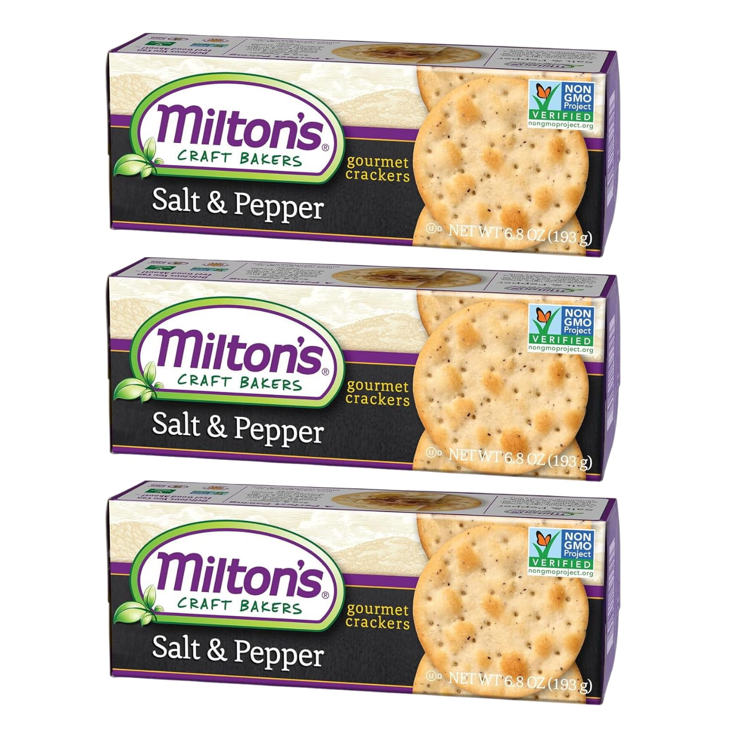 Milton's Craft Bakers Salt & Pepper Gourmet Crackers - Non-GMO Project Verified Crackers, All Natural Ingredients, Kosher, Healthy Crackers, Great for Charcuterie Boards - 6.8 Oz, Pack of 3