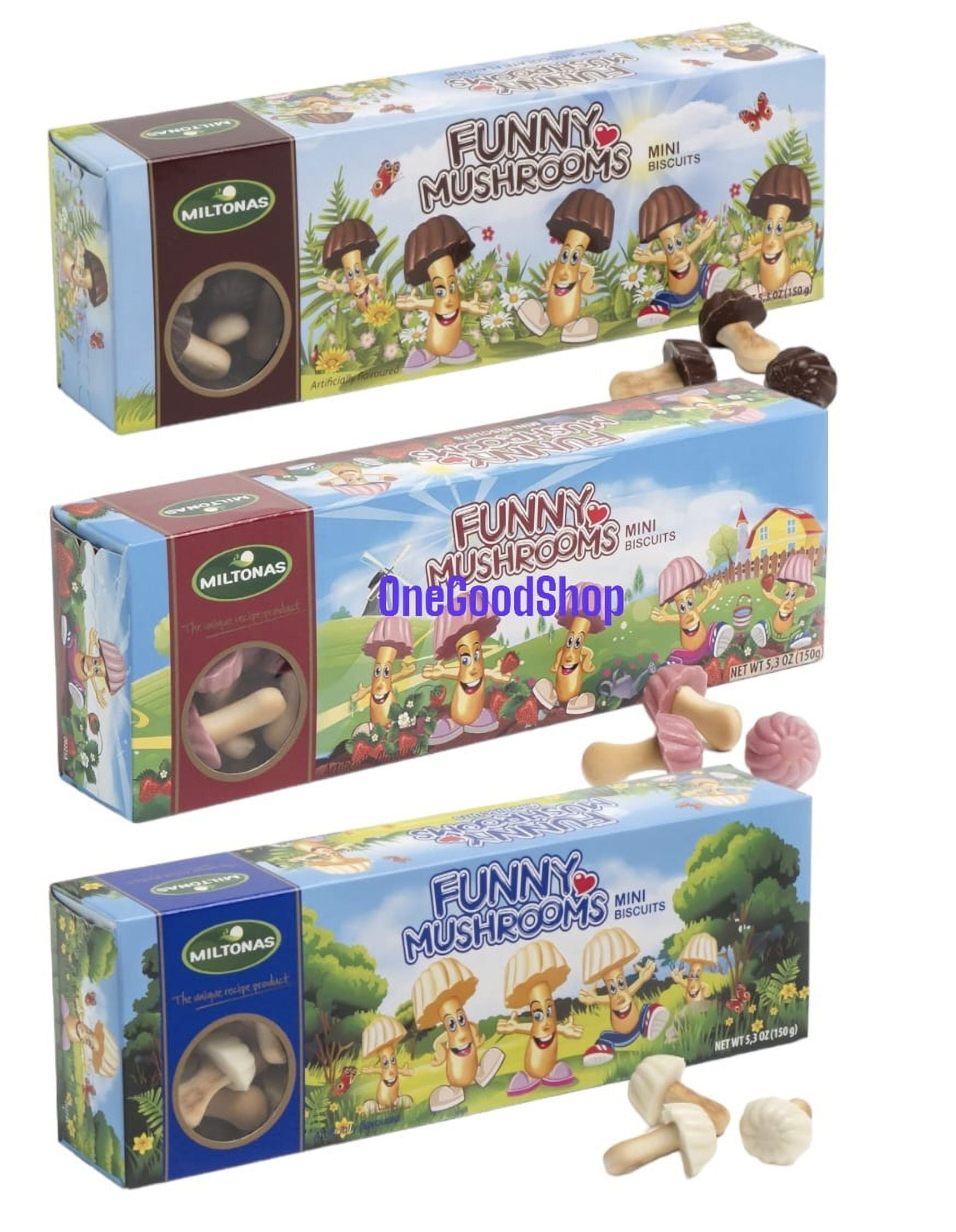 Miltonas Variety Combo of Chocolate Funny Mushrooms Mini Biscuits Assortment Selection Flavor Mix (Mixed, 3 x 150g) Chocolate, White Chocolate, Strawberry
