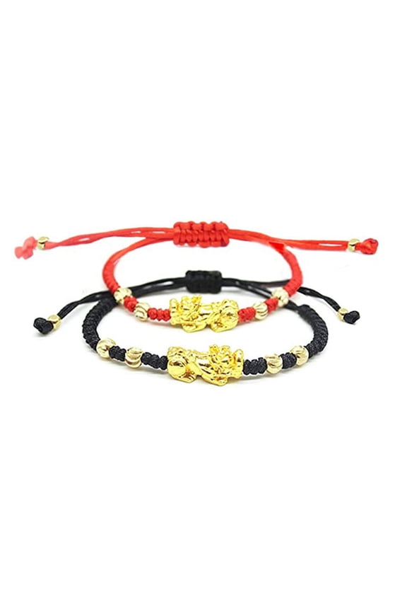 2 Pcs Adjustable Braided Lucky Red Black Rope Feng Shui Pixiu Pi Yao Bracelets