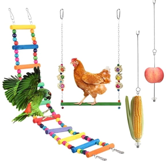 Milue 4Pcs Chicken Toys for Hens Swing Toys Ladder and Perch Metal Fruit Feeders