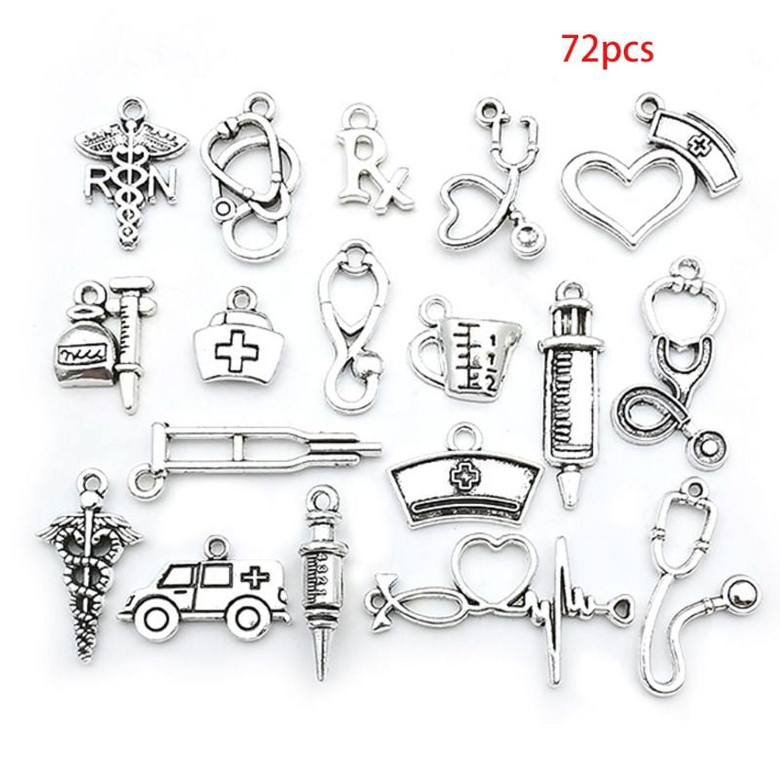 Milue 72Pcs Mixed Antique Silver Doctor Nurse Stethoscope Syringe Ambulance Pendant for DIY Necklace Jewelry Making