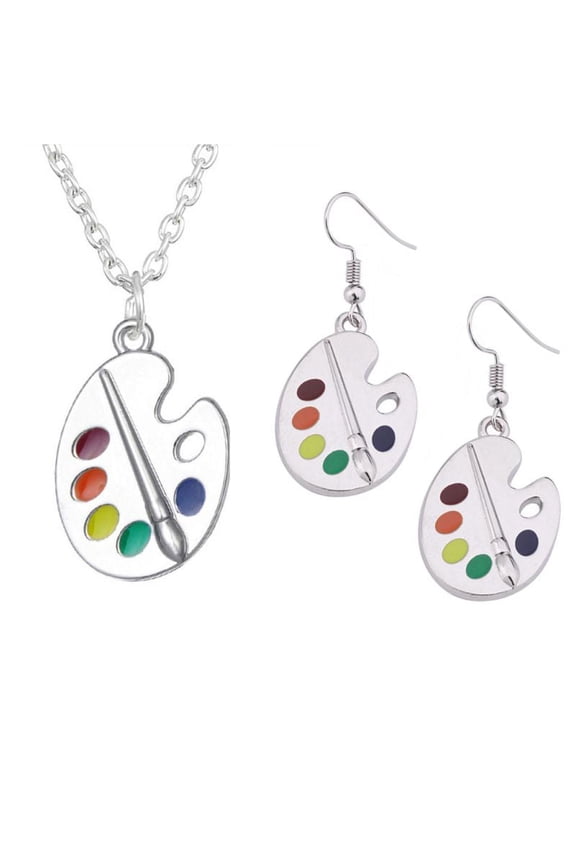 Classy Rainbow Colour Paint Brush Palette Necklace Drop Hook Earrings Kit