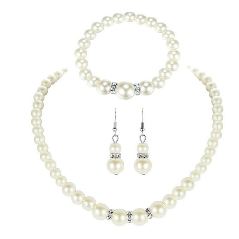 Milue Elegant White Faux Pearl Necklace Earrings and Bracelet