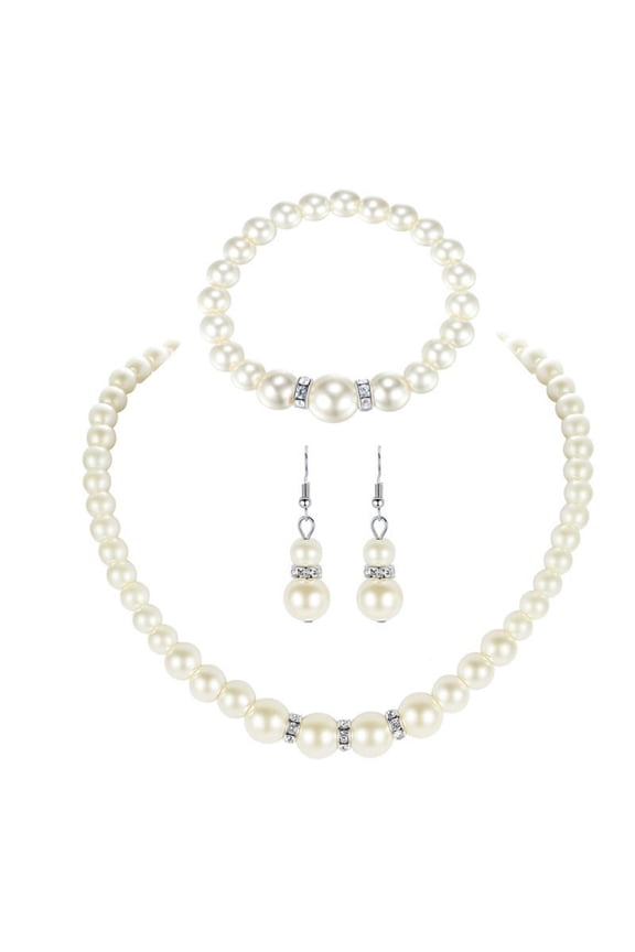 Elegant White Faux Pearl Necklace Earrings and Bracelet Jewelry Set for Women