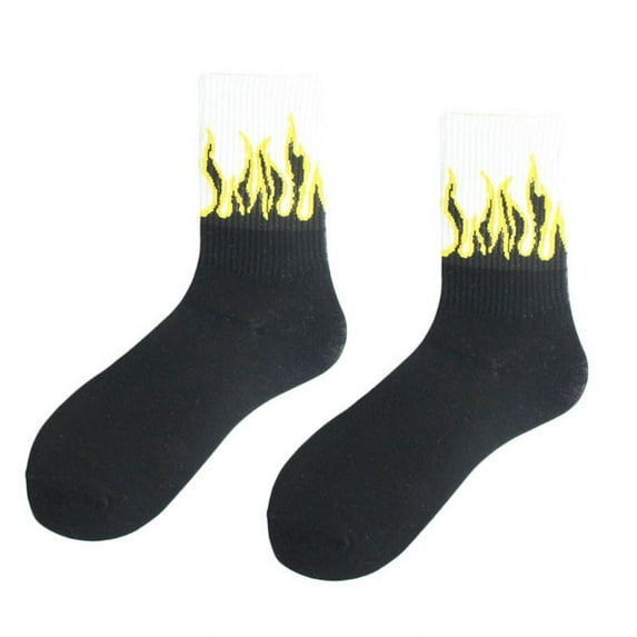 Milue Japanese Harajuku Women Men Flame Print Crew Socks Hip Hop Contrast Color Ribbed Casual Sports Street Skateboard Mid Tube Anklet Hosiery