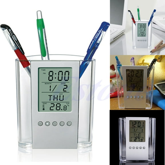 Milue LCD Digital Alarm Clock Desk Pencil Pen Holder Organizer Thermometer Calendar