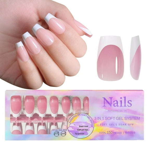 Milue Press On Nails Soft Gel False Nail Tips 3 in 1 Pre-Colored French Nails Tips