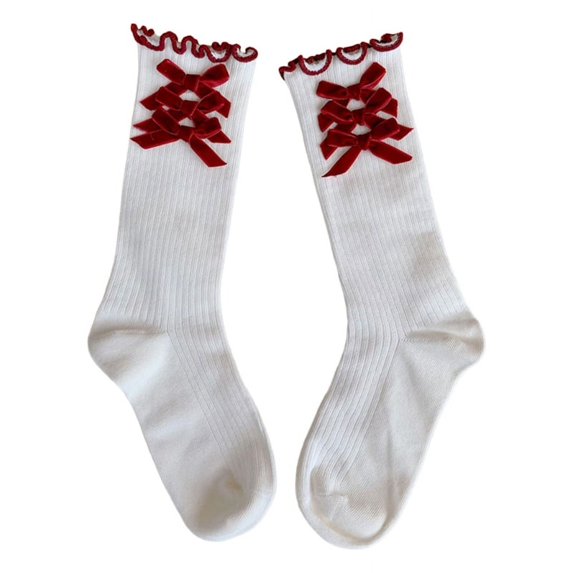 Milue Ribbed Knit Crew Socks Sweet Bowknot Ruffled Edge Frilly Calf Socks for Women