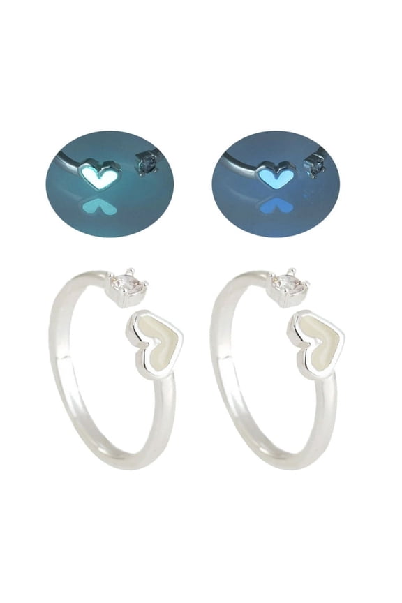 Set of 2 Luminous Heart Engagement Rings Y2K Adjustable Rings Alloy Material