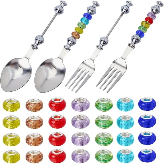 Milue Stainless Steel DIY Spoon Fork Set With 28PCS Decorative Beads Handmade Cutlery