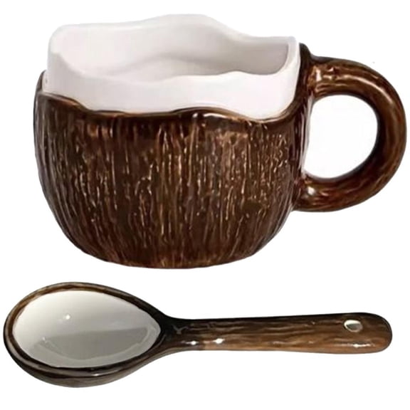 Milue Tropical Coconuts Themed Ceramic Drinking Cup Reusable Spoon Included Finish