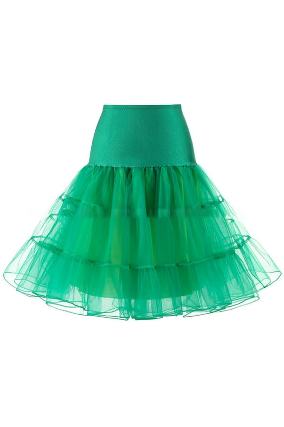 Women 50s Vintage Tulle Petticoat Bright Solid Color Mesh Hoopless Half Slip Underskirt Knee Length High Waist Layered Flared Crinoline Tutu Skirt