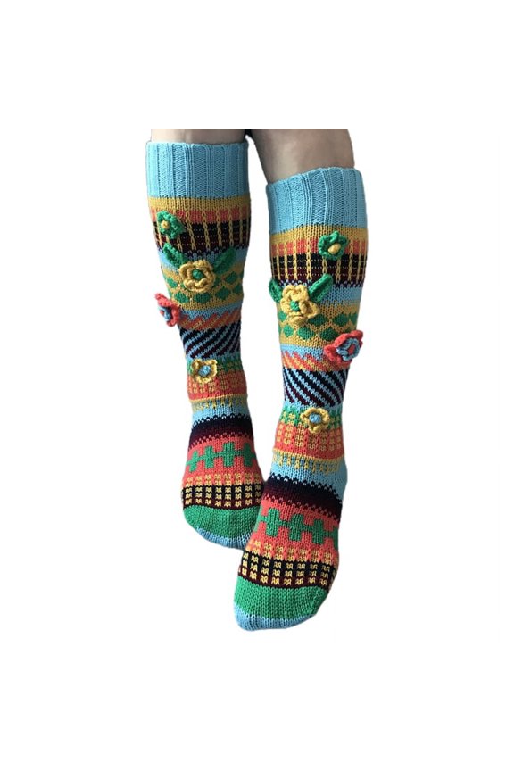 Women Ethnic Multicolored Crochet Knee High Socks 3D Knitted Flower Winter Warm Geometry Pattern Calf Length Stockings