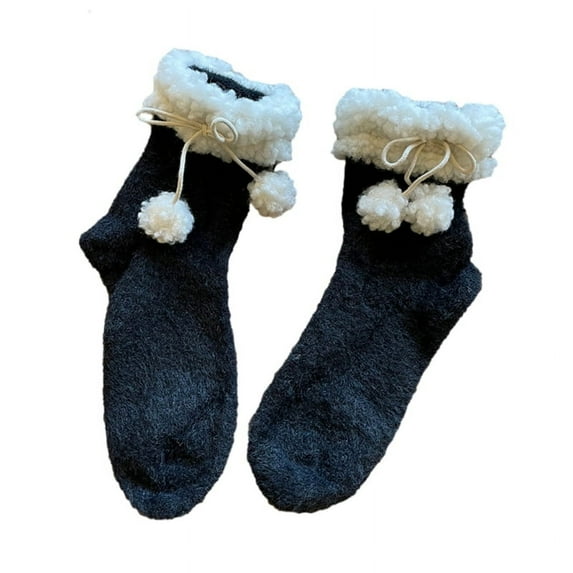 Milue Women JK Princess Plush Ball Bow Lamb Wool Trim Furry Short Tube Ankle Socks