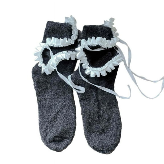 Milue Women Japanese Fuzzy Socks Cute Bow Hollow Ruffle Trim Winter Warm Furry Socks