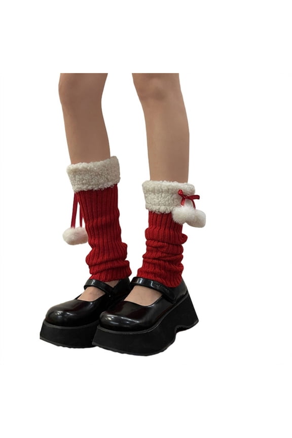Women Knit Boot Cuffs Leg Cover Christmas Furry Trim Plush Ball Bow Leg Warmers