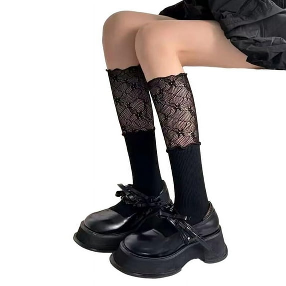 Milue Women Lace Top Splicing Calf Socks JK Girl Ballet Style Frilly High Tube Socks