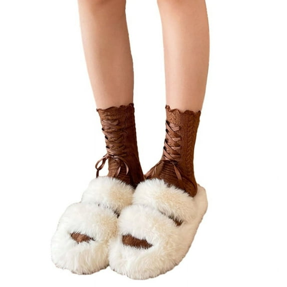 Milue Women Lolitas Crew Socks Sweet Bow Lace Up Boot Socks Ruffled Over Calf Socks