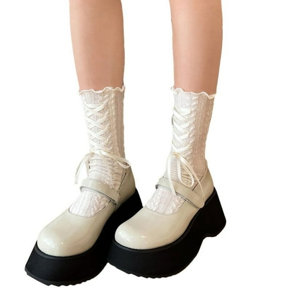 Milue Women Lolitas Crew Socks Sweet Bow Lace Up Boot Socks Ruffled Over Calf Socks