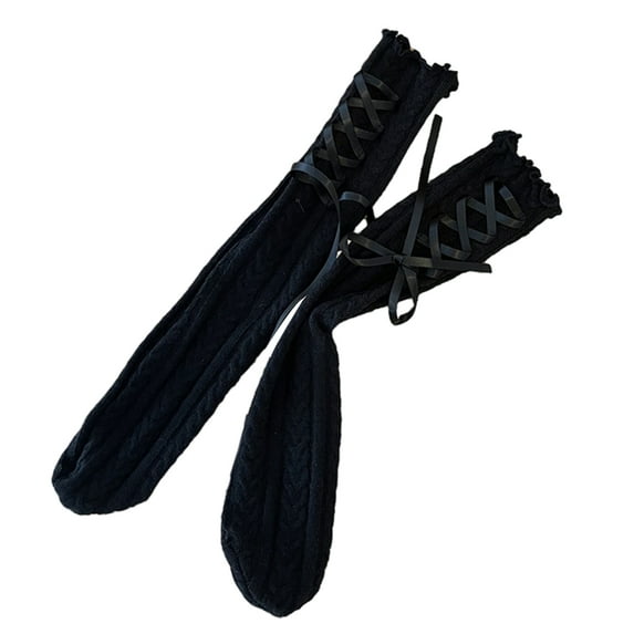 Milue Women Lolitas Crew Socks Sweet Bow Lace Up Boot Socks Ruffled Over Calf Socks