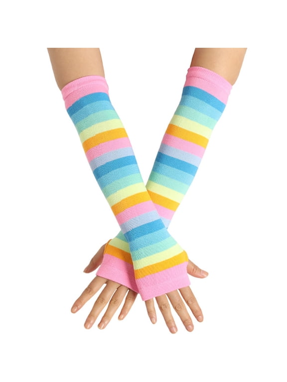 Women Long Fingerless Gloves Fashion Rainbow Striped Elbow Length Knit Mittens