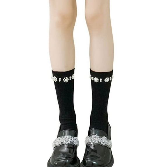 Milue Women's Pearl Knee High Socks Lolitas Calf Socks Cotton Long Knee Stockings