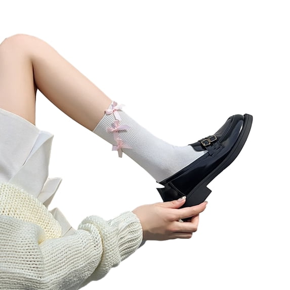 Milue Womens Bowknot Knee High Socks Black White Solid Color Crew Socks Calf Sock