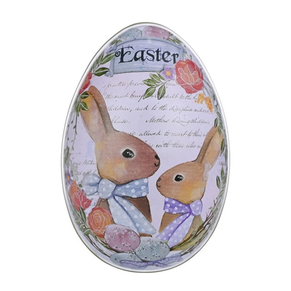 Milue for Creative Cute Tinplate Organizer Bunny Printed Metal Easter Egg Shaped Candy Box Chocolate Storage Can Holder Decor